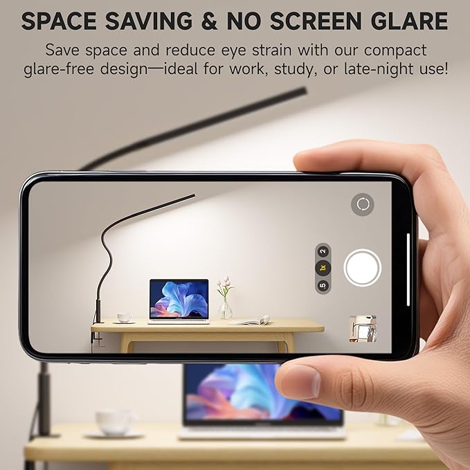 LED Desk Lamp with Clamp, Eye Caring Clip Light for Home Office, 3 Colors Stepless Dimming, Flexible Gooseneck Table Lamp with USB Adapter for Nail Reading Working Workbench Drawing Gaming (Black Pro)