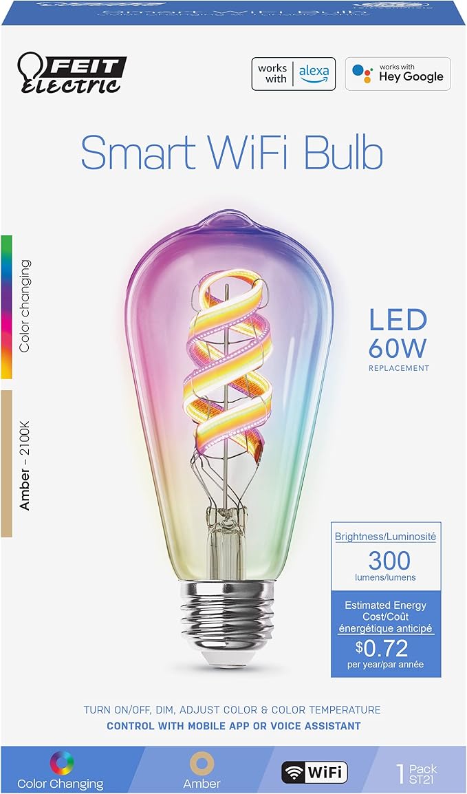 Feit Electric ST21 Smart Spiral LED Filament Edison Bulb, 60W Equiv, RGBW Color Changing, Dimmable, 2.4GHz Wi-Fi Enabled, Works with Alexa & Google Home, App Control, ST2160/RGBW/FIL/AG/4, 4 Pack
