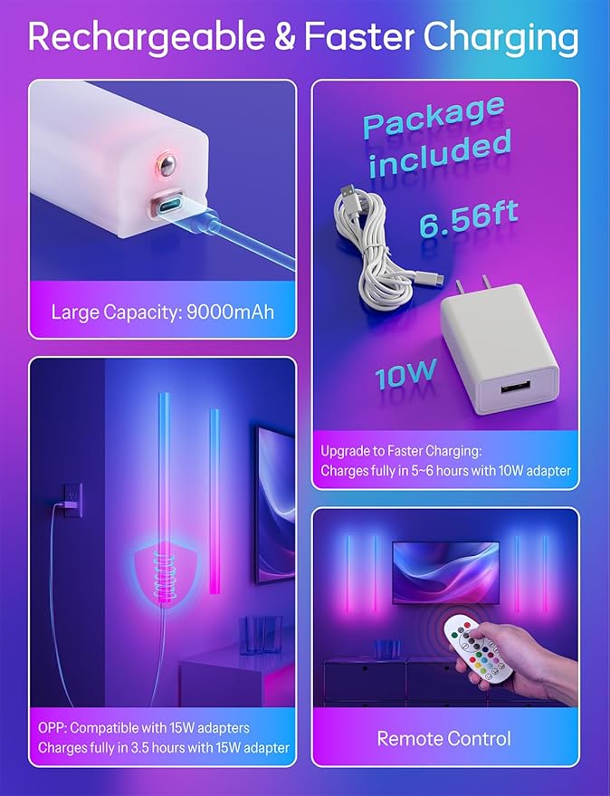 45.8 inch Wireless Wall Lights Color Changing RGB LED Syncs to Music Remote Control, Battery Operated Wall Light Bar Wall Sconces Set of 2 for Bedroom Party Gaming Room Decor