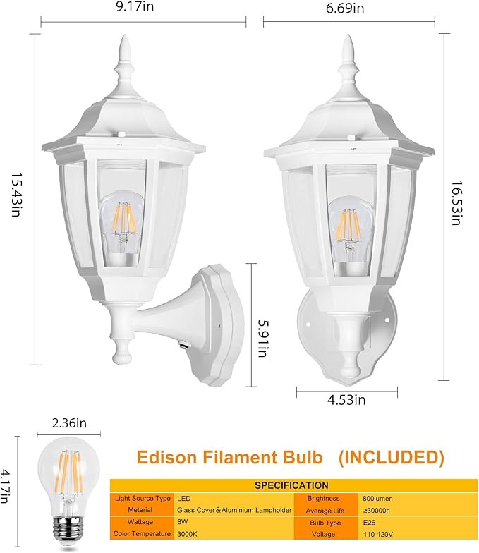 FUDESY Outdoor Wall Light Dusk to Dawn, Porch Sensor Light White Plastic Anti-Corrosion with LED Edison Filament Bulb, Exterior Mount Lantern for House, Garage (1-Pack), FDS2542PS-W