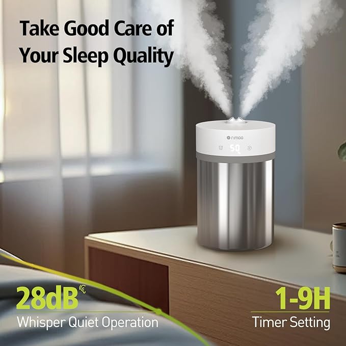 Stainless Steel Humidifier, 4L Ultrasonic Cool Mist Humidifiers with Only 3 Parts Easy to Clean, Top Fill Humidifier with 1-9H Timer, 28dB Whisper-Quiet, Filterless for Bedroom Large Room