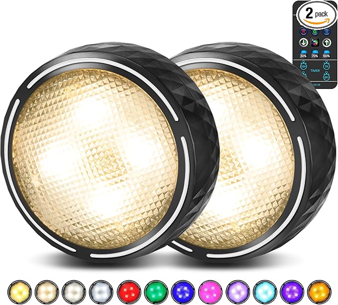 LED Puck Lights with Remote Control, Battery Operated Wireless Closet Lights, Under Cabinet Lighting Stick on Tap Push Light, Color Changing Under Counter Light for Kitchen, 2 Pack - Black