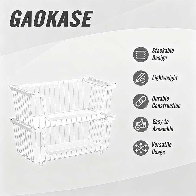 GAOKASE 6 Pcs Stackable Wire Baskets for Pantry Organizers and Storage,Vegetable Fruit Basket for Countertop,Kitchen Storage Metal Baskets,Produce Potato Onion Storage Bin,White