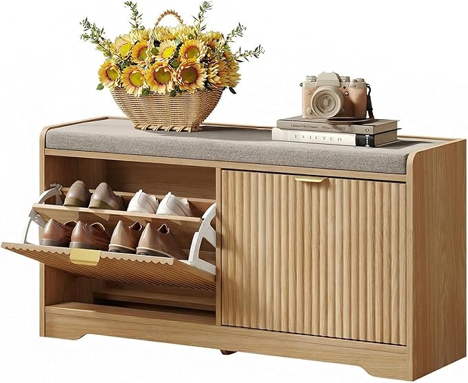 Maupvit Fluted Shoe Bench with 2 Flip-Drawers, 39.4" Narrow Entryway Bench with Shoe Storage and Seat Cushion, Adjustable Shelf, Hidden Shoe Rack Bench for Front Door Entrance, Hallway, Natural
