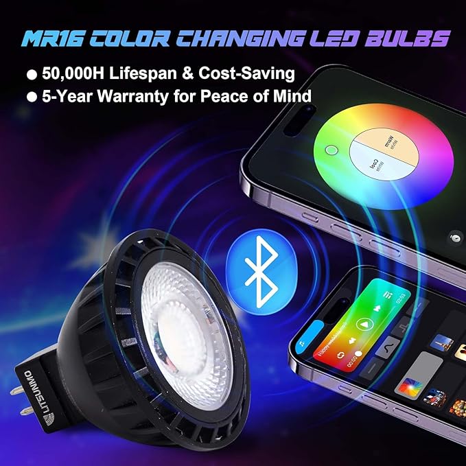 MR16 LED Bulb Dimmable Color Changing 12 V, RGBCW Bluetooth Light Bulb 6W Smart GU5.3 LED Bulb, Lights Dance to The Beat for Outdoor Landscape, Hotel, Living Room, Bedroom, Office, 1Pack