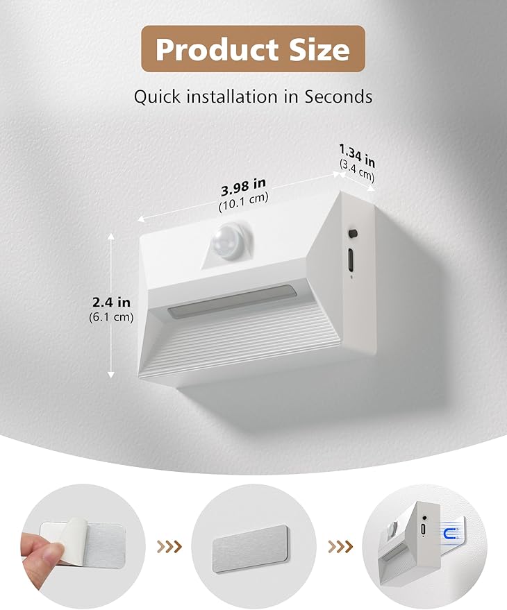 NIORSUN Motion Sensor Stair Lights Indoor, 2000mAh Battery Operated Night Light, 3 Color Temperature with Light Sensor for Stairway, Hallway, Bathroom, Kitchen, Bedroom White 4 Pack