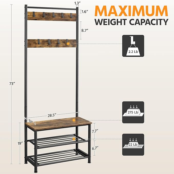 Yaheetech Coat Rack, 3-in-1 Hall Tree with Bench and Shoe Storage, Freestanding Entryway Bench with Coat Rack, Industrial Entryway Shoe Storage with 9 Hooks and 3 Shelves, Easy Assembly, Rustic Brown