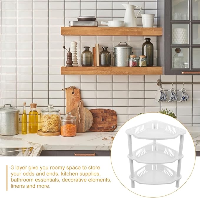 PRETYZOOM 3 Tier Small Corner Shelf, 8x10x13 Inches, Space-Saving Corner Shelf for Kitchen, Bathroom Rustproof Organizer Rack for Shower Bottles, Plastic, No-Tool Assembly