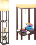 Mlambert Modern Shelf Floor Lamp with Wireless Charger & Fast Charging USB Ports & Type C Port & 2 Power Outlets,3 Tier Storage Lamp for Bedroom,Brown