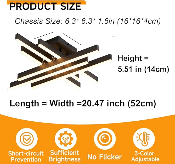 Modern LED Ceiling Light with Remote, Dimmable 21-inch Ceiling Lights for Bedroom Living Dining Room Kitchen, Black Flush Mount Ceiling Light Fixture LED Chandelier Ceiling Lamp (6-Light)