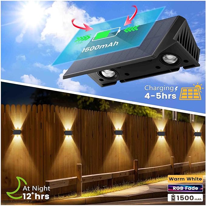 Fence Lights Solar Powered, 4-Pack Solar Fence Lights Up/Down Flexible Buttons, IP67 Waterproof for Outdoor, 100LM Bright, Auto Dusk to Dawn for Wall/Stairs/Yard/Railing/Deck/Pathway (White & RGB)