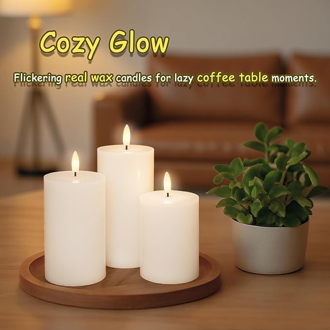 Flameless Pillar Candles with Remote, 3 Pack Battery Operated Real Wax LED Candles, LED Candle that Perfect for Home Decorations Fireplace Table, White