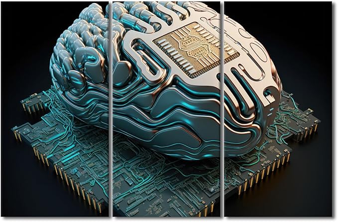 Wall Art for Living Room, Brain and Computer Chip Print on Canvas Wall Art for Living Room Bedroom Wall Decoration, 3 Piece AI Canvas Artwork Wooden Framed Stretched, 60" Wx40 H