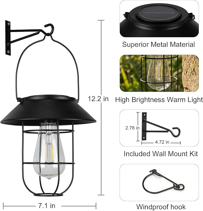 Livinlarge Solar Lanterns Outdoor Waterproof,Hanging Solar Lights for Outside with Wall Hooks Windproof Hook,Retro Metal Outdoor Lanterns Auto On/Off for Porch,Patio,Garden,Yard Decor 2 Pack（Black）