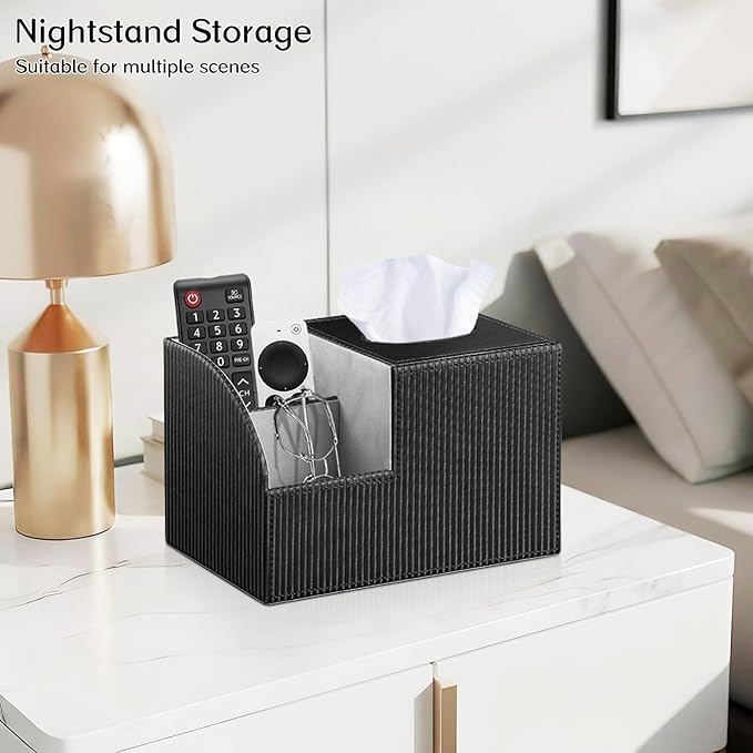 Fanousy Tissue Box Cover Square with Storage, PU Leather Cube Tissue Box Holder, Multifunction Remote Control Nightstand Organizer, Modern Desk Caddy for End Table, Bathroom, Home, Office Decor