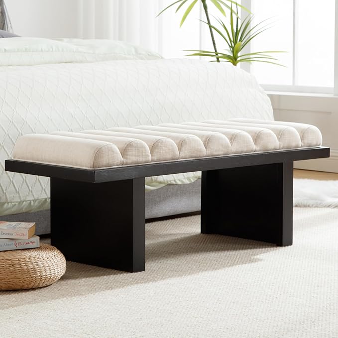 Modern Bedroom Bench, 47 Inch Upholstered End of Bed Bench Padded Entryway Bench with Cylindrical Cushion/Black Wood Legs, Wooden Ottoman Bench for Living Room, Hallway, Linen Beige