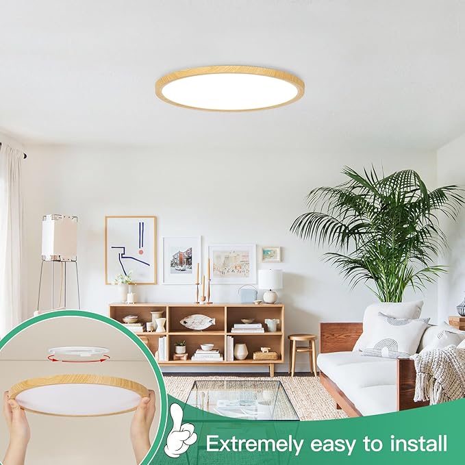 Brightever 2 Pack LED Flush Mount Ceiling Light Fixture, 12 Inch 24W, Super Slim 0.67 Inch 3200LM LED Ceiling Lights Wooden Color, Dimmable & 2700K-6500K 5 Color in One Ceiling Lamp for Office