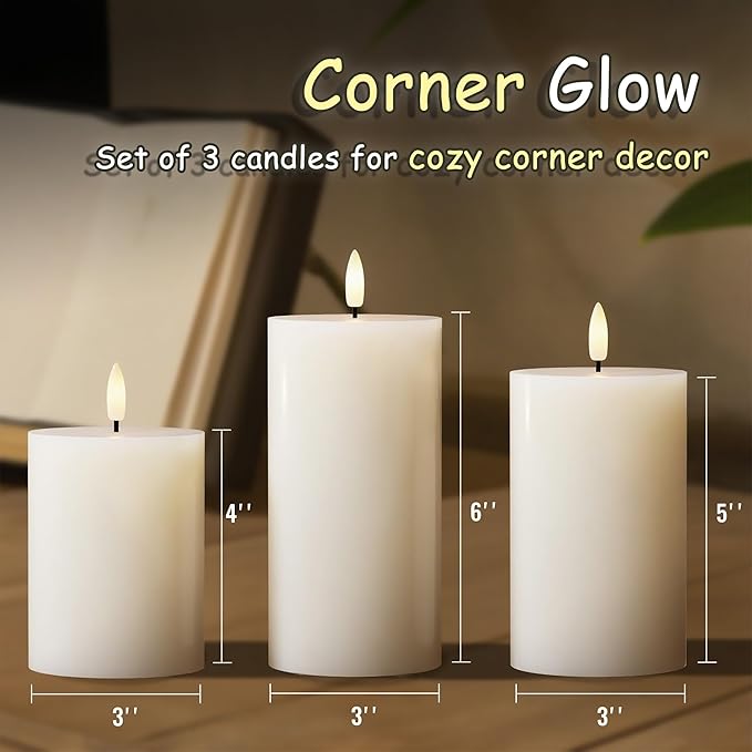 Flameless Pillar Candles with Remote, 3 Pack Battery Operated Real Wax LED Candles, LED Candle that Perfect for Home Decorations Fireplace Table, White