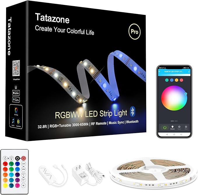 RGBWW Bluetooth LED Strip Lights, 32.8ft Tunable White 3000K to 6500K+RGB Led Light Strips, Music Sync Color Changing Indoor LED Rope Lights with App and Remote for Kitchen, Bedroom, TV