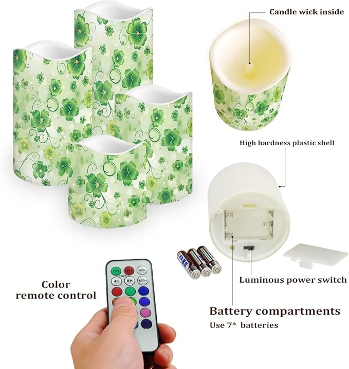 Saint Patrick's Day Green Leaf Plastic Flameless Candles with Remote Control and Timer LED Flickering Battery Electric Pillar Candles for Table St. Patrick's Day Decoration