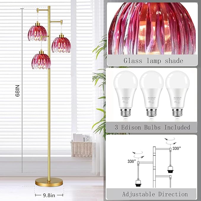 Pink Floor Lamp for Living Room,Bedroom,Gold Mid Century Modern Standing Lamp Brass Tree 3 Light Tall Floor Lamps Vintage Retro Floor Lights Glass Flower Lamp Shade Farmhouse Boho Bohemian