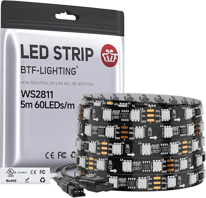 BTF-LIGHTING UL Listed WS2811 IC=RGB+IC Addressable Color RGB LED Strip,16.4FT 60LED/m 10Pixels/m,IP30 Black PCB Flexible DC12V Chasing Effect for Indoor Home Decor,3M Tape(No Adapter or Controller)
