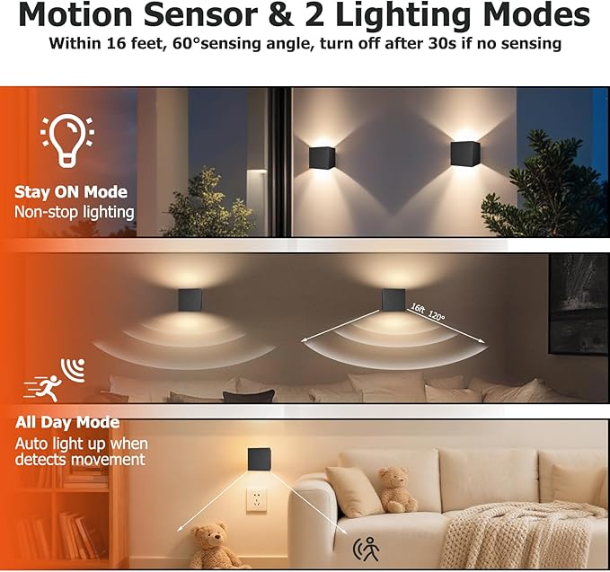 Motion Sensor Wall Light Up and Down, 2 Brightness Levels, IP65 Waterproof Wireless LED Indoor/Outdoor Wall Sconce, Battery Powered for Stairs Hallway Porch Patio, Black 2 Pack