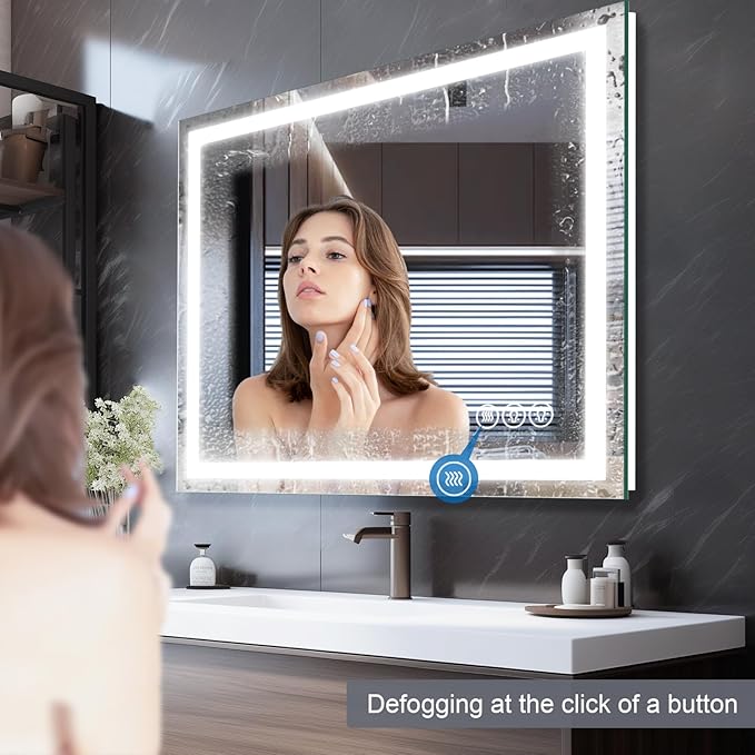 Led Bathroom Mirror with Light 48"x40" Frameless Lighted Vanity Mirror Wall Mount, Fogless, 3 Color Mode, Stepless Dimmable Front Light and Backlit, Smart Touch Sensor, Tempered Glass