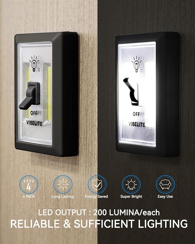 LED Night Light Switch, 12 Total Batteries Included, 200 Lumen Wireless COB LED Switch Light, Under Cabinet, Shelf, Closet, Garage, Kitchen, Stairwell and Emergency, Battery Operated, 4 Pack Black