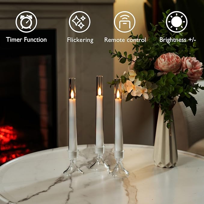 Homemory 6 Pcs Flameless Taper LED Candles with Remote and Timer, 3D Wick Flickering, Window Candles with 2 Light Modes, Battery Operated for Xmas Wedding Decor, 9.6 Inch
