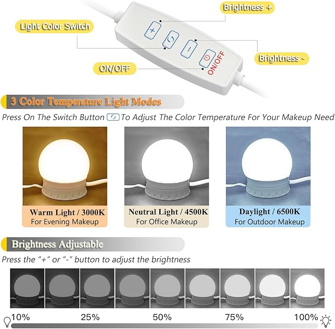 LED Vanity Lights for Mirror,10 Dimmable Bulbs,3000K 4500K 6500K & Brightness Adjustable,Hollywood Mirror Lights for Makeup Dressing Room