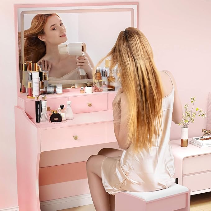 COMHOMA Makeup Vanity Desk with Mirror and Lights, Vanity Table and Chair Set with 5 Drawers and Charging Station, Bedroom Dresser LED Mirror Stepless Dimmable & 3 Color Modes Adjustable, Pink