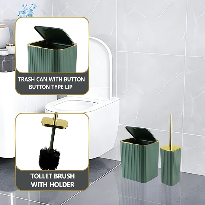 Bathroom Accessories Set-9PC Set, Complete Bathroom Decor & Home Decor, Bathroom Set with Toilet Brush, Trash Can, Soap Dispenser,Modern Home Bath Essentials (Green&Gold, Bath Set)