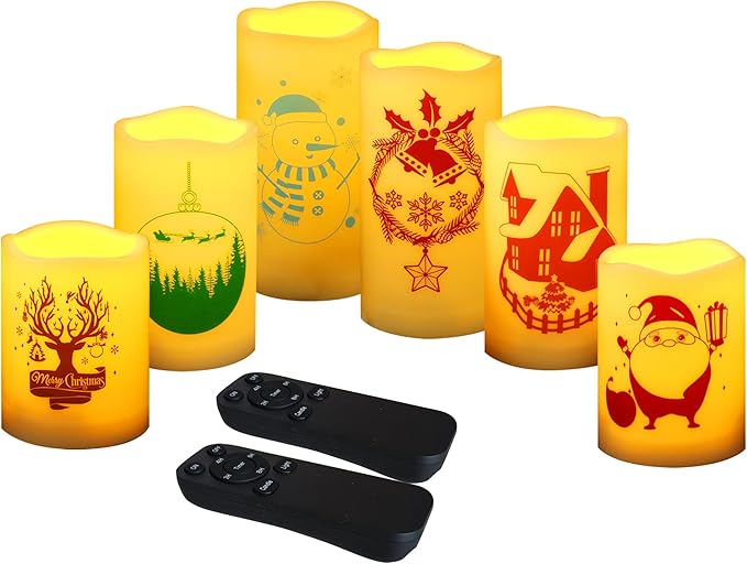 CANDLE CHOICE Waterproof Outdoor Christmas Battery Operated Flameless Candles with Remote Auto Timer Realistic Flickering Electric LED Pillar Lights with Christmas Decals for Xmas Decorations 6 Pack