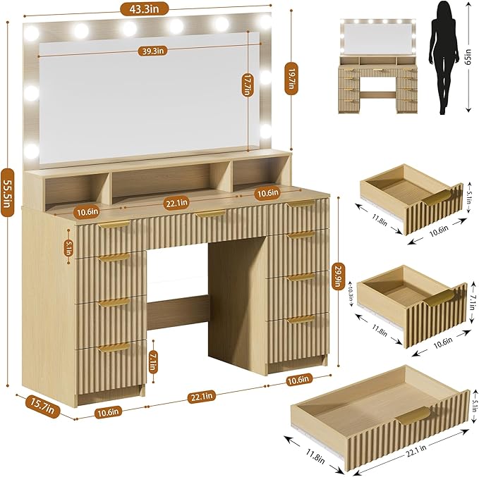 Fluted Vanity Desk with Large Lighted Mirror, Makeup Vanity Desk with Power Outlet, 9 Drawers & Storage Shelf, Women Girls Vanity Dressing Table for Bedroom, Oak
