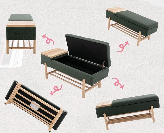 Modern Entryway Storage Bench, Upholstered Shoe Ottoman Bench, Flip-Top End of Bed Bench with Wood Shelf/Coffee Table for Living Room/Bedroom/Hallway/Under Window,46.5 Inches,Green Linen