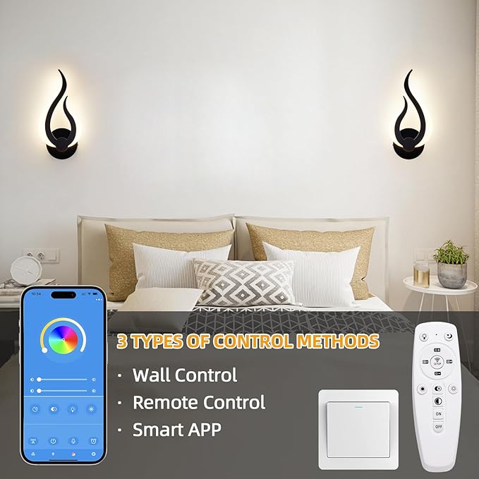 Modern Wall Sconce Set of 2, Wall Light Hardwired with 2.4G Remote Control, 10W LED Black Wall Mounted Lights, 3000K-6000K Dimmable, LED Wall Lights for Living Room Bedroom Hallway Bedside