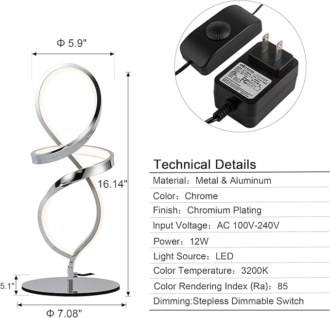 Mayful Modern Table Lamp with LED Spiral Design, Bedside Lamp with Stepless Dimming Switch, Contemporary Nightstand & Chrome Table Lamp for Bedroom, Living Room, Home Office, 12W 3200K Warm White