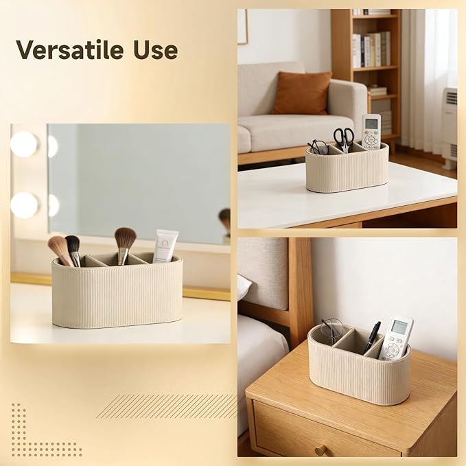 OMISTAR 3-Compartment PU Leather Pen Holder, Desk Organizer Stylish Bedside Remote Holder Nightstand, Eyeglasses/Stationery/Makeup Brush Storage Box, Long-Lasting Desk Accessories, 8.9 x 4 x 4.1 in
