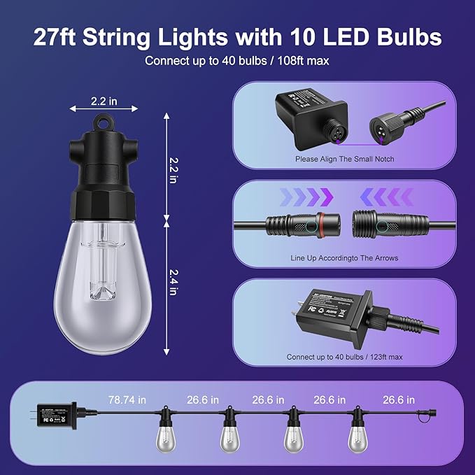 Outdoor String Lights 27ft, Patio Lights with 10 Dimmable LED Bulbs, RGBW & Warm White, IP67 Waterproof, Shatterproof, APP & Remote Control, Color Change, Customizable Colors for Backyard Décor