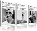 Audrey Hepburn Newspaper Trendy Wall Art Set of 3,Framed Wall Art for Bedroom,Black and White Wall Decor for Bathroom,Magazine Headline News Better Late Than Ugly Prints,New York Times Canvas Bathroom Wall Decor,12x16inch
