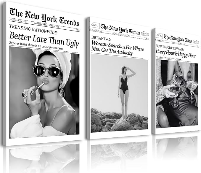 Audrey Hepburn Newspaper Trendy Wall Art Set of 3,Framed Wall Art for Bedroom,Black and White Wall Decor for Bathroom,Magazine Headline News Better Late Than Ugly Prints,New York Times Canvas Bathroom Wall Decor,12x16inch