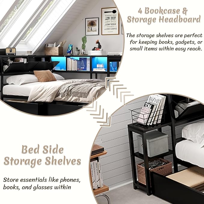 Twin Corner Bed Frame with Desk, LED Lights & Charging Ports, L-Shaped Daybed with Storage Drawers, Bookcase & Open Shelves, Modern Twin Size Daybed for Kids, Teens & Compact Bedrooms,Black