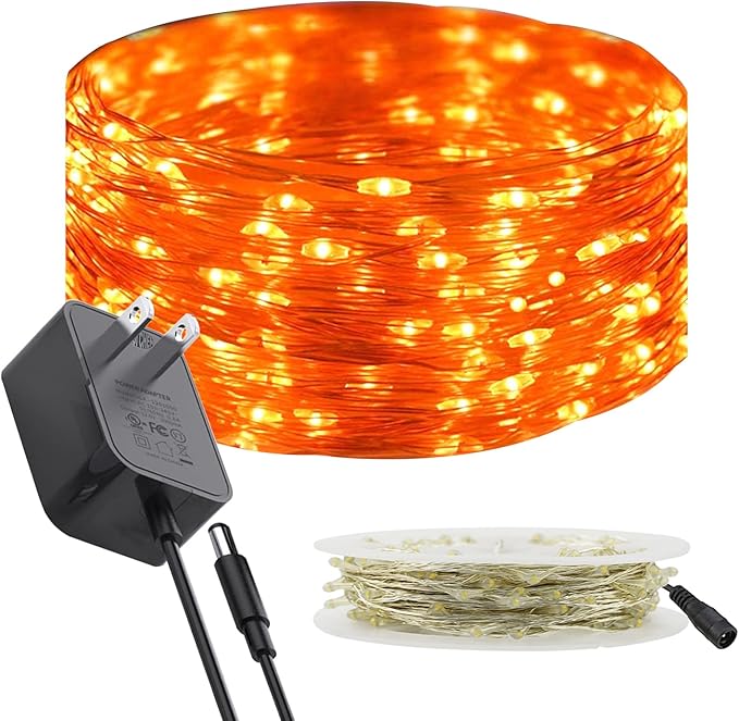 RUICHEN Silver Wire Fairy Lights Plug in 33 Ft 100 LED String with Spool, Orange