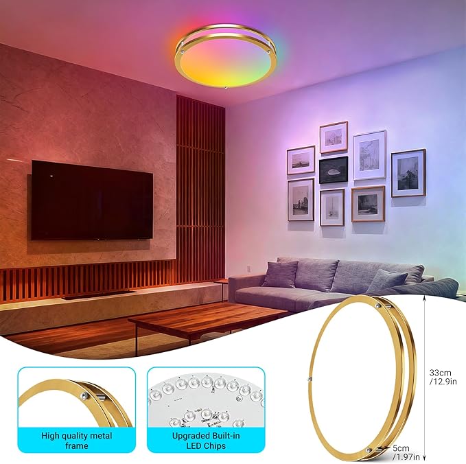libtit 13 Inch RGB Flush Mount Ceiling Lights with Remote, 24W 5CCT 3000K-6500K&Dimmable, LED Light Fixture with Nightlight and Timer for Bedroom Livingroom Bathroom-Gold