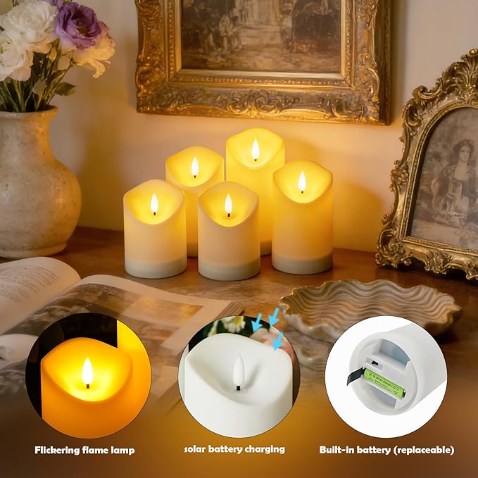 Solar Outdoor Waterproof Flameless Candles - 5 Pack Solar & Battery Operated LED Candles, White (D3.25" x 4"/5"/6" Assorted Heights) for Garden, Patio, Outdoor Decoration
