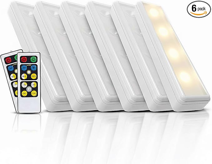 Brilliant Evolution Wireless LED Under Counter Lights with 2 Remote Controls - 6-Pack Battery Operated Under Cabinet Lighting Fixtures - Stick On Push Lights with Timer - Warm White, 8.5" x 2" x 0.6"