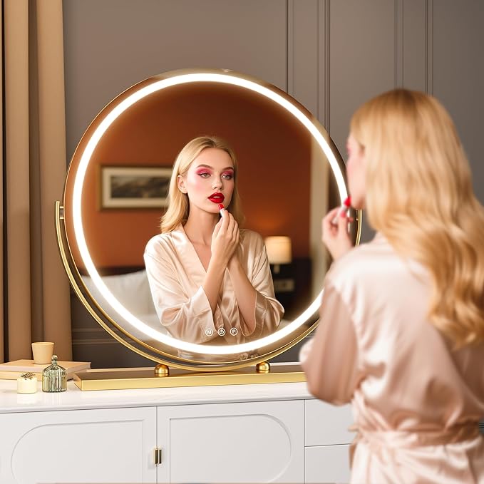 Hasipu Vanity Mirror with Lights, 23.6" LED Makeup Mirror, Lighted Makeup Mirror with Lights, Smart Touch Control 3 Colors Dimmable Round Mirror 360°Rotation Gold