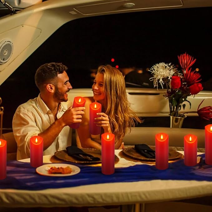 24-Pack Red Flameless LED Candles with Remote - Realistic Flickering Battery - Operated Pillar Candles forValentine's Day, Home Decor, Weddings, Parties.