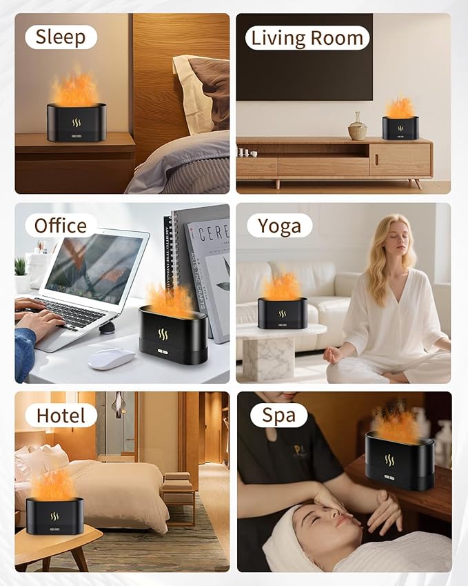 Flame Effect Essential Oil Diffuser, Ultrasonic Aromatherapy Humidifier, Upgraded 7 Color Changing Lights with Ultra Quiet, Auto Shut-Off for Bedroom Home Office and Yoga (180mL, Black)